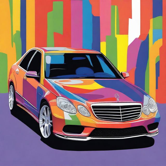 A painted art version of a 2008 Mercedes E-Class AMG, depicted in unusual and vibrant colors