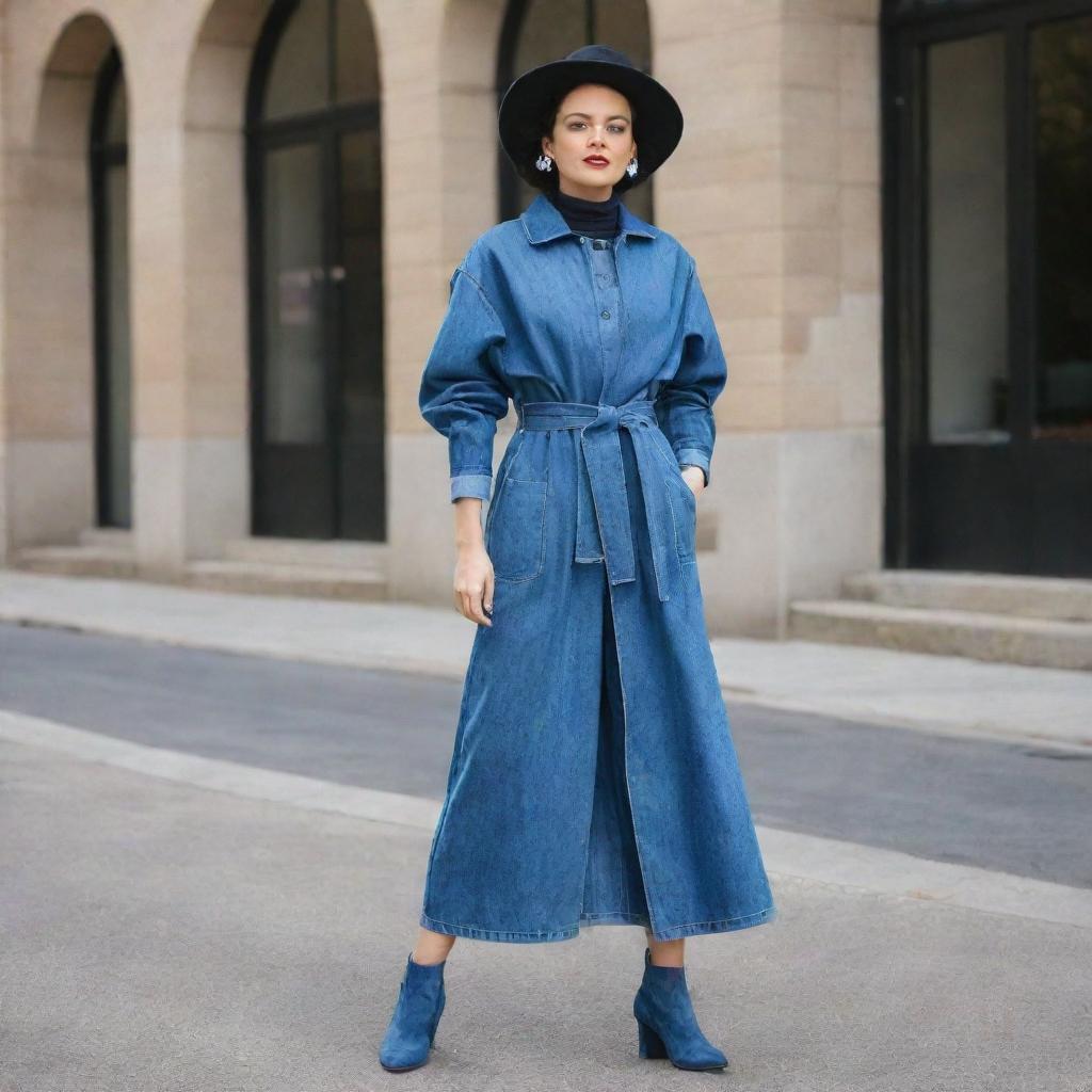 A creative gender-neutral ensemble for a denim challenge, showcasing a long, belted denim duster coat over matching denim culottes, garnished with an oversized denim bow tie and complemented by denim ankle boots.