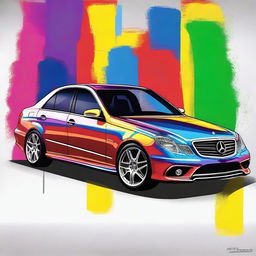 A painted art version of a 2008 Mercedes E-Class AMG, depicted in unusual and vibrant colors