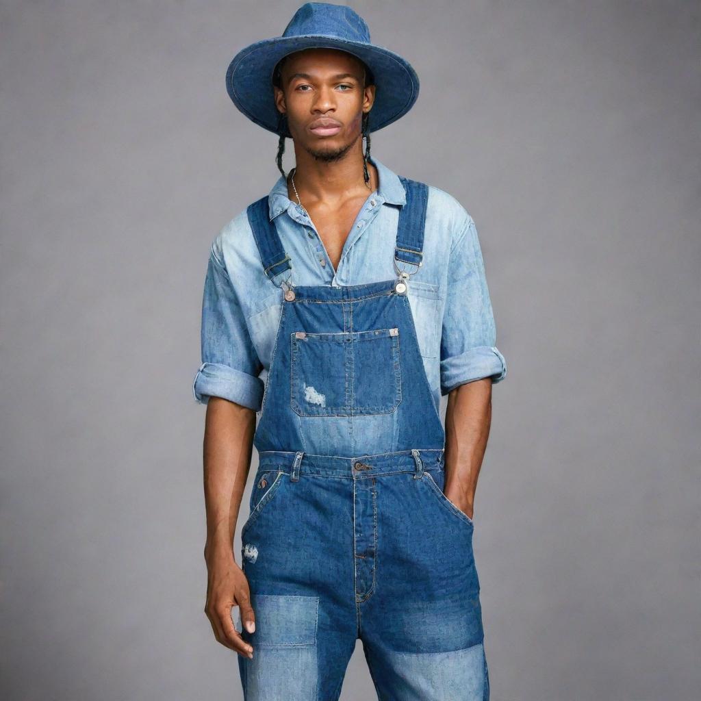 An eye-catching male fashion suggestion for a denim challenge, presenting baggy patchwork denim overalls, worn with an oversized denim shirt with rolled sleeves, accessorized with a large brim denim hat with loose strings on the edge.