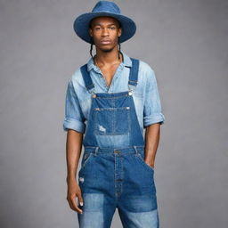 An eye-catching male fashion suggestion for a denim challenge, presenting baggy patchwork denim overalls, worn with an oversized denim shirt with rolled sleeves, accessorized with a large brim denim hat with loose strings on the edge.