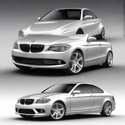 Create a unique car design that combines elements of a 2011 BMW 1 Series and a 2008 Mercedes CLK