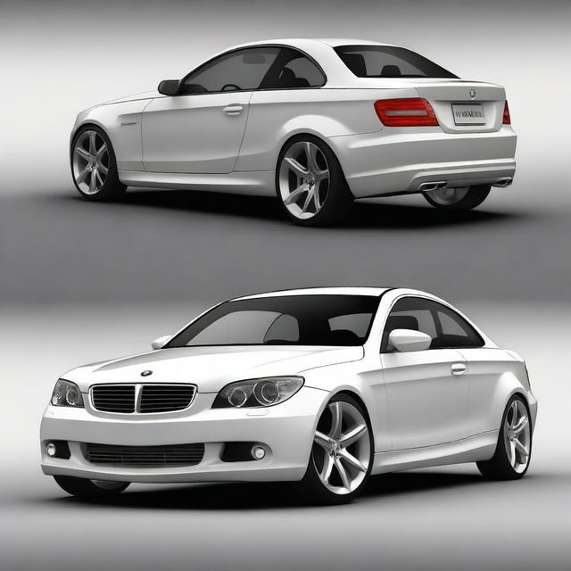 Create a unique car design that combines elements of a 2011 BMW 1 Series and a 2008 Mercedes CLK