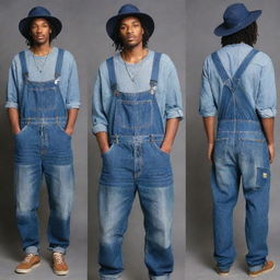 An eye-catching male fashion suggestion for a denim challenge, presenting baggy patchwork denim overalls, worn with an oversized denim shirt with rolled sleeves, accessorized with a large brim denim hat with loose strings on the edge.