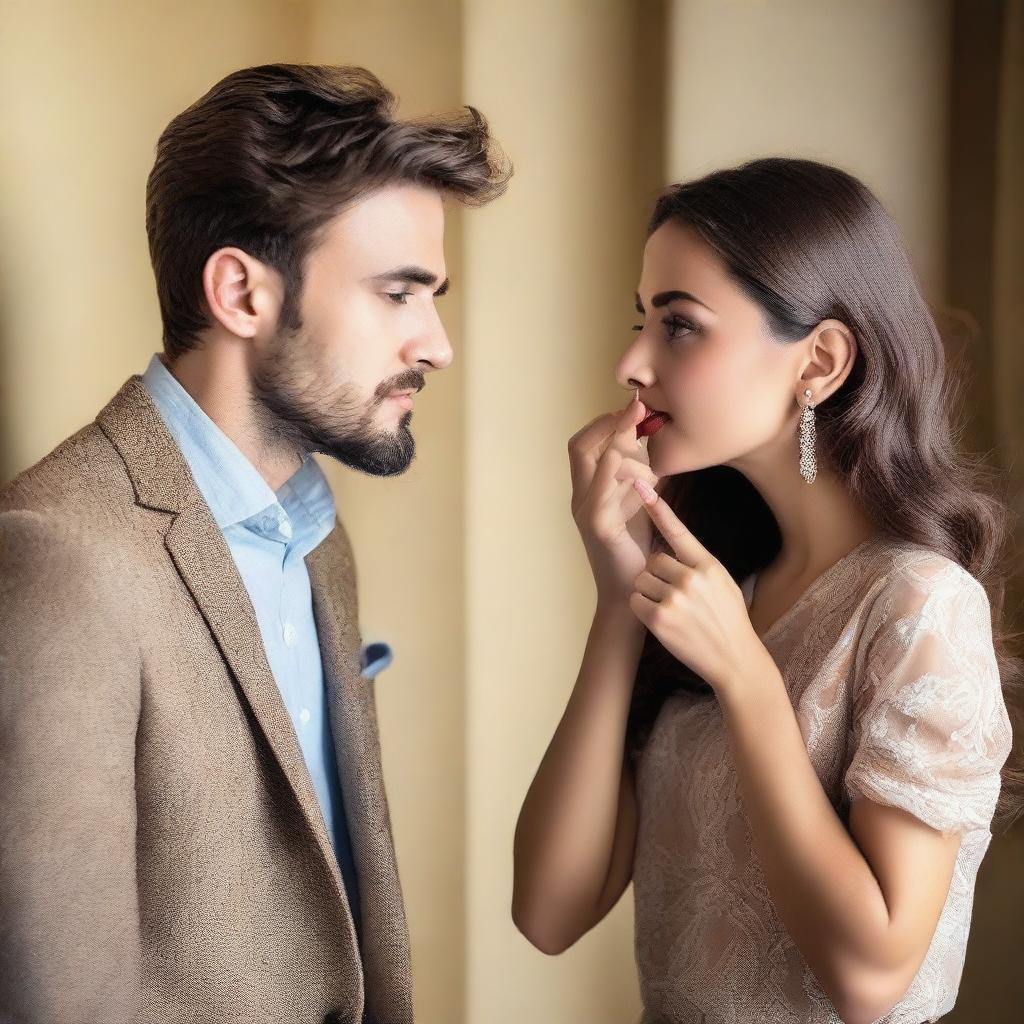 A beautiful and attractive woman in her early 20s stands in a stylish room with her finger to her lips, signaling 'shh' to a handsome man of a similar age