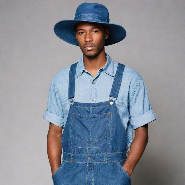 An eye-catching male fashion suggestion for a denim challenge, presenting baggy patchwork denim overalls, worn with an oversized denim shirt with rolled sleeves, accessorized with a large brim denim hat with loose strings on the edge.