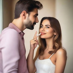 A beautiful and attractive woman in her early 20s stands in a stylish room with her finger to her lips, signaling 'shh' to a handsome man of a similar age