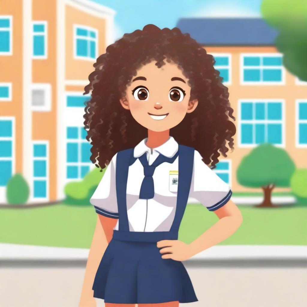 A cheerful school girl with curly hair, wearing a neat school uniform, standing in front of a school building