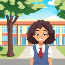 A cheerful school girl with curly hair, wearing a neat school uniform, standing in front of a school building