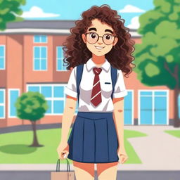 A cheerful school girl with curly hair, wearing a neat school uniform, standing in front of a school building