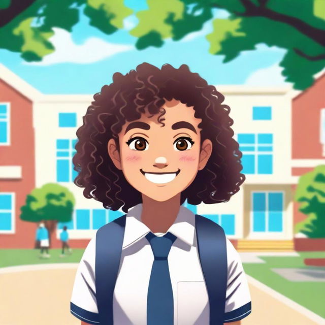 A cheerful school girl with curly hair, wearing a neat school uniform, standing in front of a school building