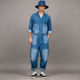 An eye-catching male fashion suggestion for a denim challenge, presenting baggy patchwork denim overalls, worn with an oversized denim shirt with rolled sleeves, accessorized with a large brim denim hat with loose strings on the edge.