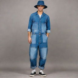 An eye-catching male fashion suggestion for a denim challenge, presenting baggy patchwork denim overalls, worn with an oversized denim shirt with rolled sleeves, accessorized with a large brim denim hat with loose strings on the edge.