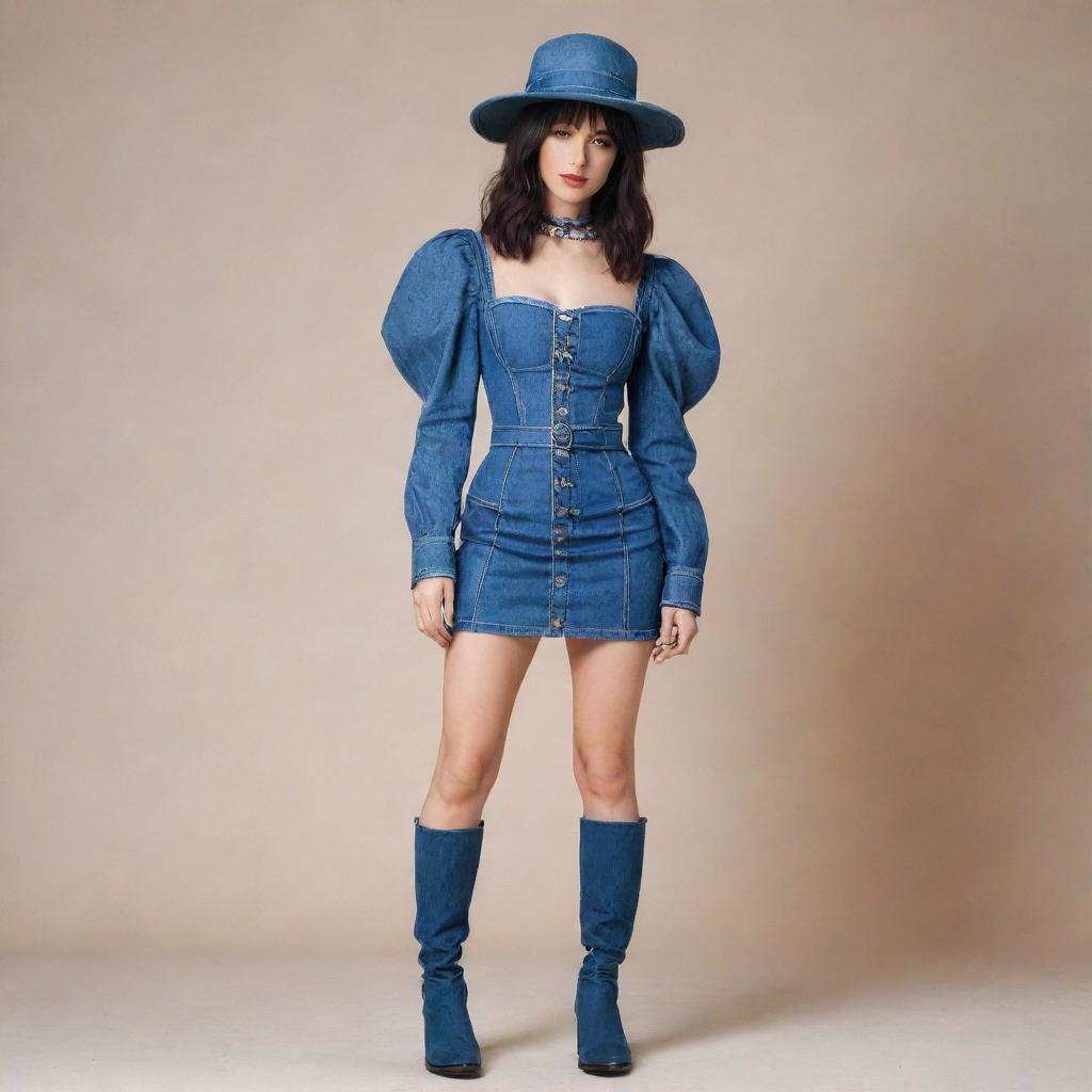 A standout femboy fashion concept for a denim challenge, featuring a fitted denim mini dress with puff sleeves, accentuated by a corset-style high waisted belt, paired with thigh-high denim boots and topped with a wide-brim denim hat.