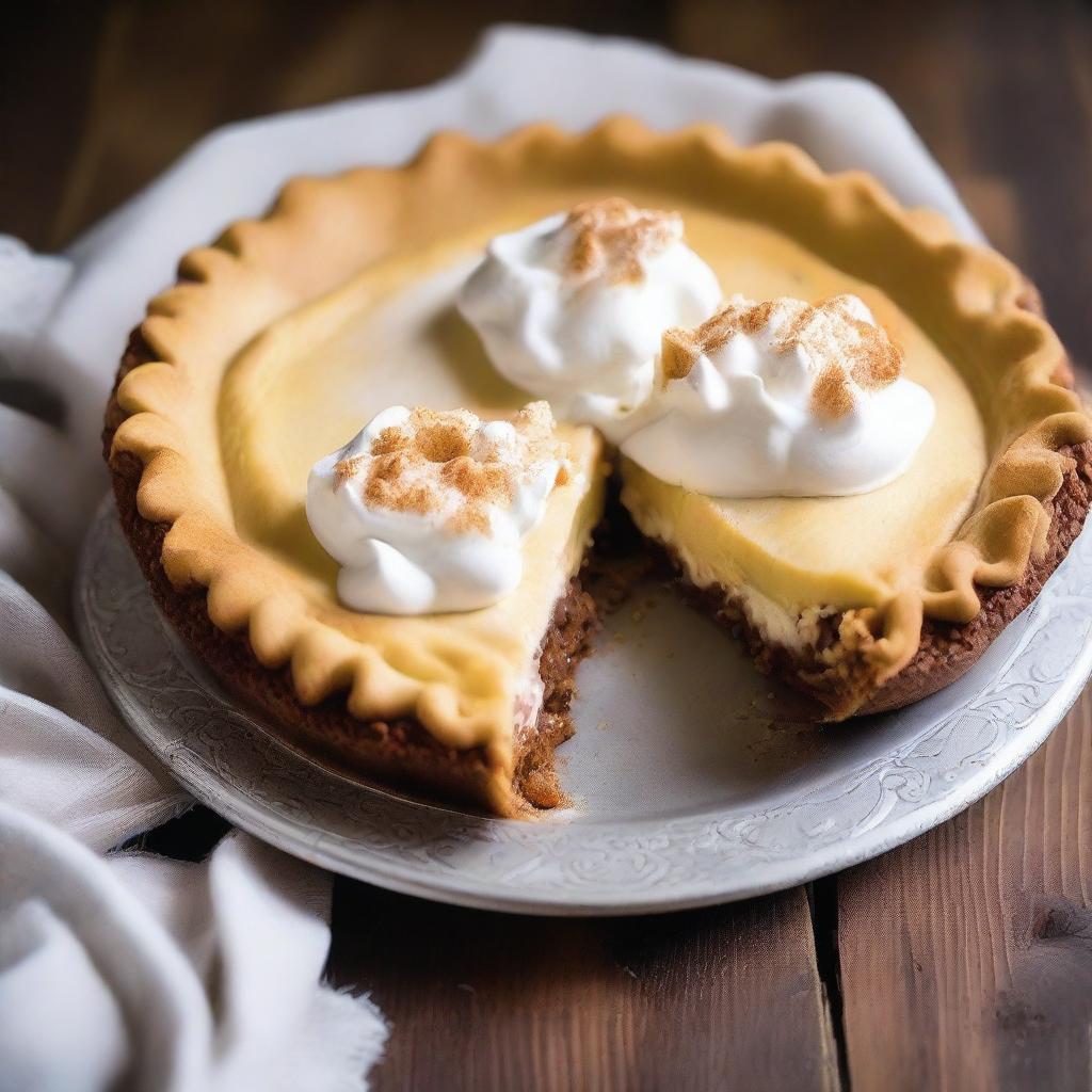 A delicious and creamy pie with a golden-brown crust, topped with fluffy whipped cream