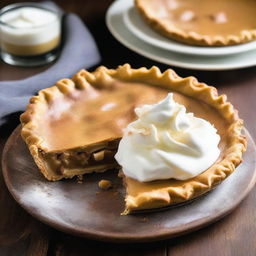 A delicious and creamy pie with a golden-brown crust, topped with fluffy whipped cream