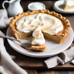 A delicious and creamy pie with a golden-brown crust, topped with fluffy whipped cream