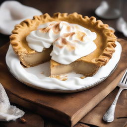 A delicious and creamy pie with a golden-brown crust, topped with fluffy whipped cream