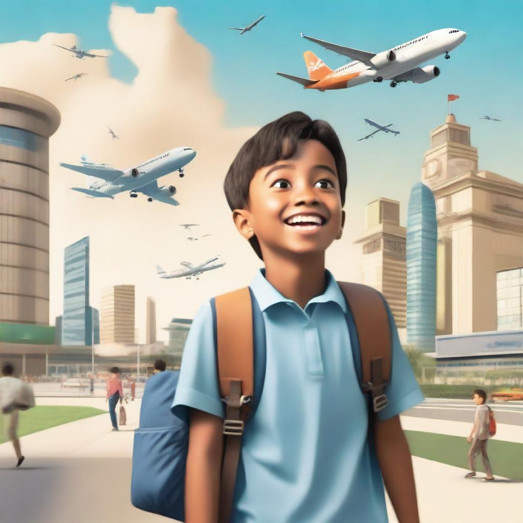 A movie poster featuring a young boy carrying a bag, looking excited and hopeful as he heads to study abroad