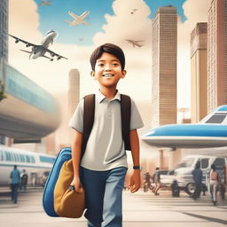 A movie poster featuring a young boy carrying a bag, looking excited and hopeful as he heads to study abroad