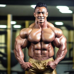 A muscular Malay male bodybuilder posing confidently, wearing a gold thong