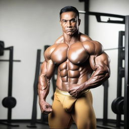 A muscular Malay male bodybuilder posing confidently, wearing a gold thong