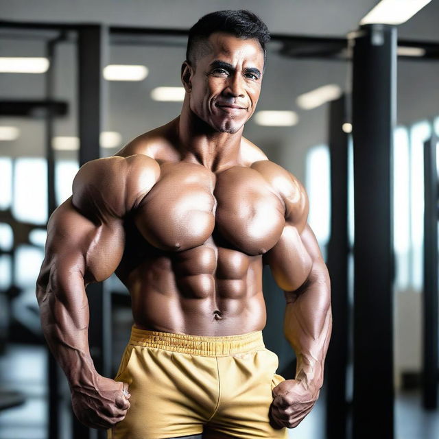 A muscular Malay male bodybuilder posing confidently, wearing a gold thong