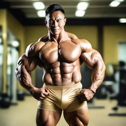 A muscular Malay male bodybuilder posing confidently, wearing a gold thong