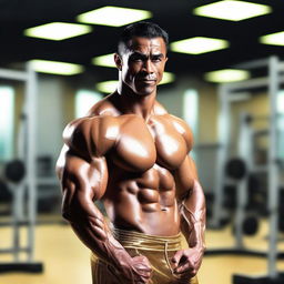 A muscular Malay male bodybuilder posing confidently, wearing a skimpy gold thong and sweating