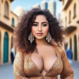 A beautiful Arab woman with full curly hair, dressed elegantly