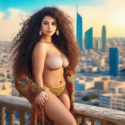 A beautiful Arab woman with full curly hair, dressed elegantly