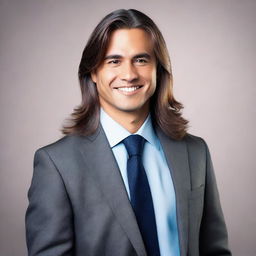 Create a professional business photo of a man with long hair