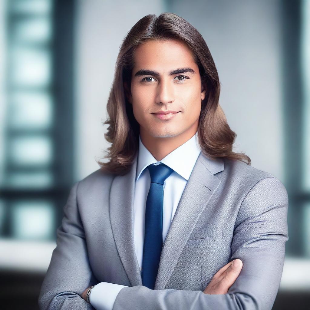 Create a professional business photo of a man with long hair