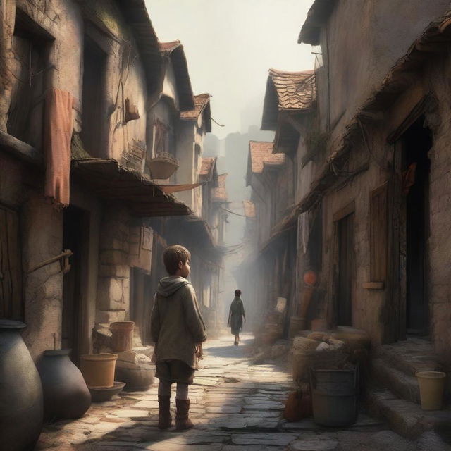 A young boy navigating through a slum in a medieval fantasy world