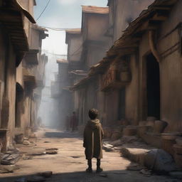 A young boy navigating through a slum in a medieval fantasy world