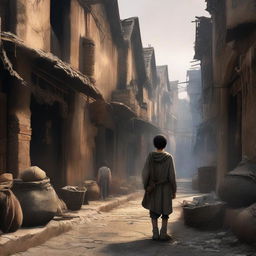 A young boy navigating through a slum in a medieval fantasy world