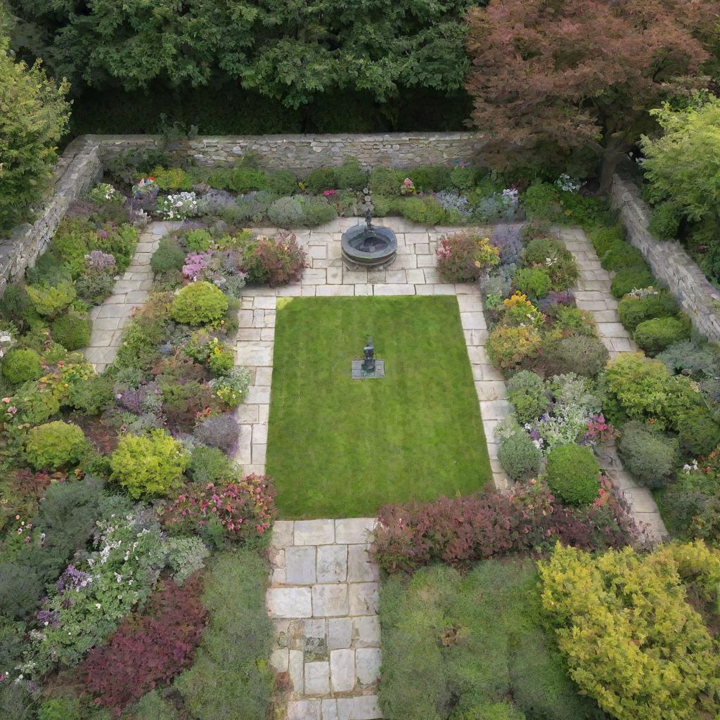 An aerial view of a 6m x 7m garden, surrounded by stone walls. The garden is lush with vibrant flowers, neatly trimmed bushes, a small ornamental fountain, and a few garden benches.