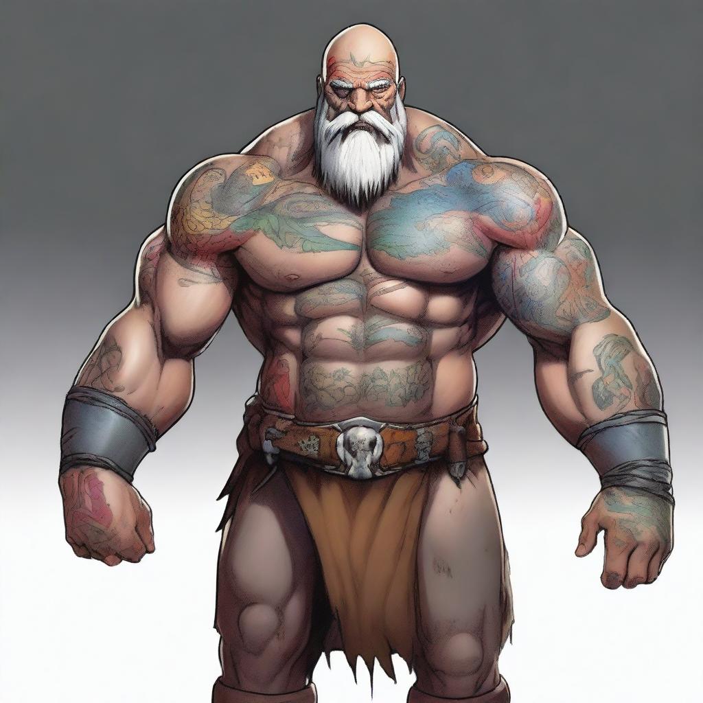 A grey-skinned goliath barbarian with no armour, featuring multicoloured tattoos all over his body