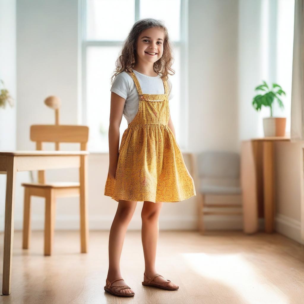 A young girl standing confidently on a chair in a well-lit room