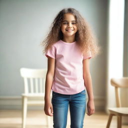 A young girl standing confidently on a chair in a well-lit room