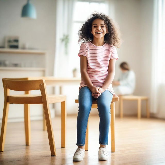 A young girl standing confidently on a chair in a well-lit room