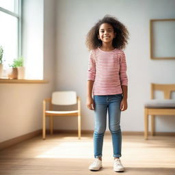 A young girl standing confidently on a chair in a well-lit room