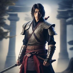 A Japanese young man as a rebel leader in a fantasy medieval world