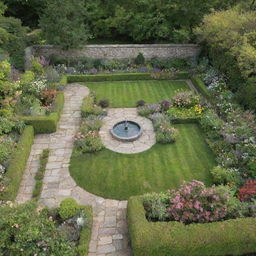 An aerial view of a 6m x 7m garden, surrounded by stone walls. The garden is lush with vibrant flowers, neatly trimmed bushes, a small ornamental fountain, and a few garden benches.