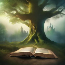 Create a captivating book cover featuring a mystical forest with towering ancient trees, a winding path leading to a hidden castle in the distance, and a hint of magic in the air