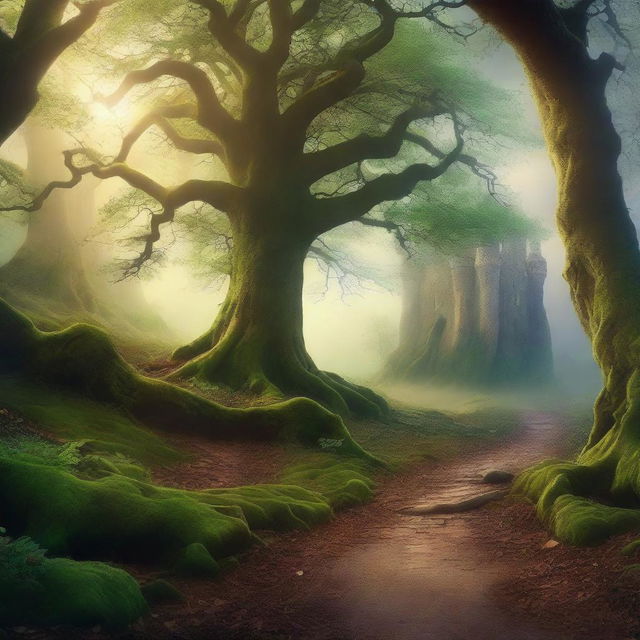 Create a captivating book cover featuring a mystical forest with towering ancient trees, a winding path leading to a hidden castle in the distance, and a hint of magic in the air