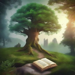 Create a captivating book cover featuring a mystical forest with towering ancient trees, a winding path leading to a hidden castle in the distance, and a hint of magic in the air