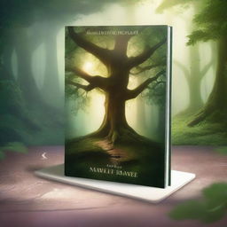 Create a captivating book cover featuring a mystical forest with towering ancient trees, a winding path leading to a hidden castle in the distance, and a hint of magic in the air