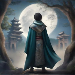 A Japanese young man as a rebel leader in a fantasy medieval world, seen from the back