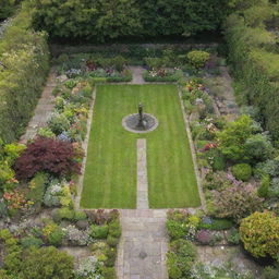 An aerial view of a 6m x 7m garden, surrounded by stone walls. The garden is lush with vibrant flowers, neatly trimmed bushes, a small ornamental fountain, and a few garden benches.